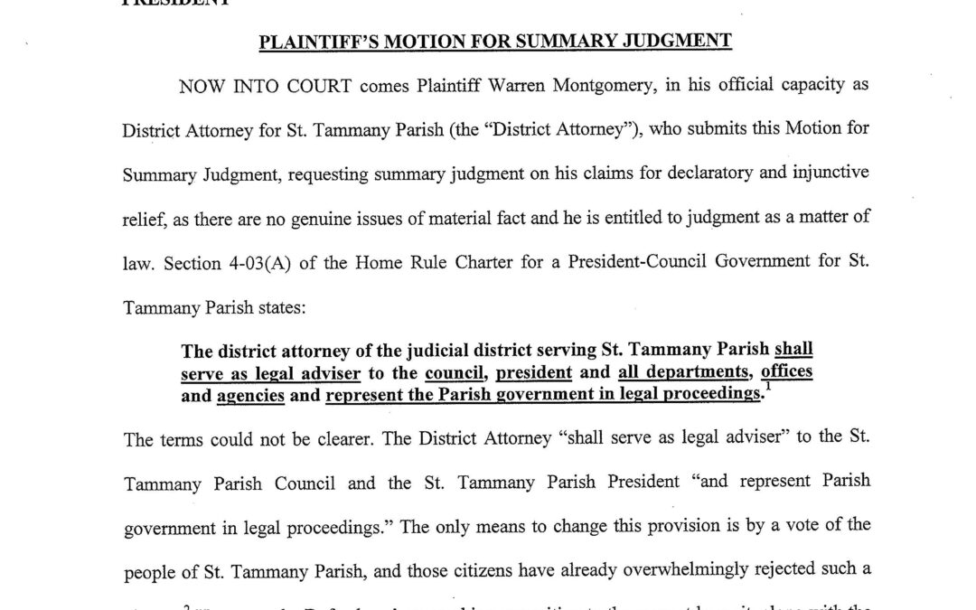 D.A. and Parish Government Ask Judge to Rule in Lawsuit